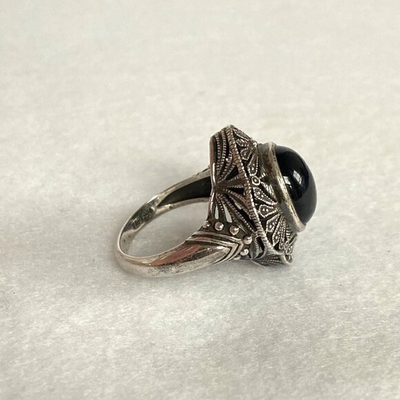 Sterling Silver 925 Thailand Scrollwork Filigree Oval Black Onyx Ring Sz 6.75 - Picture 7 of 16